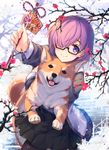  baisi_shaonian black-framed_eyewear black_skirt carrying commentary_request dog fate/grand_order fate_(series) flower from_above fujimaru_ritsuka_(female) glasses hair_over_one_eye highres looking_at_viewer mash_kyrielight pantyhose pleated_skirt purple_eyes purple_hair short_hair skirt smile solo 