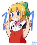  1girl android bangs blonde_hair blunt_bangs bow dress green_bow green_ribbon hair_bow hooded_dress long_hair no_humans ponytail ribbon robot rockman rockman_11 roll simple_background smile solo tied_hair white_background 