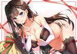  bad_id bad_pixiv_id bare_shoulders bell black_bra black_legwear black_panties black_ribbon blue_eyes blush bra braid breasts bridal_gauntlets brown_hair cleavage collarbone dutch_angle finger_to_face french_braid gradient gradient_background hair_bell hair_ornament hair_ribbon lace lace-trimmed_bra lace-trimmed_thighhighs large_breasts long_hair looking_at_viewer nail_polish navel original panties pink_background pink_nails pom_pom_(clothes) red_ribbon ribbon sack semi-rimless_eyewear shiny shiny_skin side-tie_panties solo thighhighs under-rim_eyewear underwear underwear_only yuxian_youka 