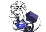  2018 anthro big_breasts big_butt breasts butt caprine cel_shading clothed clothing digital_media_(artwork) female flashing fur goat horn huge_butt lemonart long_ears looking_at_viewer mammal mother nipples open_mouth parent simple_background smile solo thick_thighs tongue toriel undertale video_games white_fur wide_hips 