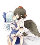  black_hair black_skirt black_wings bloomers blouse blue_bow blue_dress blue_hair bow cirno closed_eyes commentary dress feathered_wings fingering hair_bow hat ice ice_wings kototoki miniskirt multiple_girls pointy_ears pom_pom_(clothes) puffy_short_sleeves puffy_sleeves shameimaru_aya short_dress short_sleeves simple_background sitting sitting_on_lap sitting_on_person skirt sweat tokin_hat touhou underwear white_background wings yuri 
