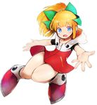  bangs blonde_hair blue_eyes blunt_bangs blush bow collarbone dress eyebrows_visible_through_hair flat_chest full_body green_bow hair_bow highres hood hood_down knees_together_feet_apart long_hair nishiide_kengorou open_mouth outstretched_arm ponytail red_footwear rockman rockman_(classic) rockman_11 roll short_dress sidelocks simple_background solo thighs white_background zipper_pull_tab 
