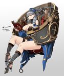  bare_shoulders belt blue_eyes book braid breasts cleavage elf greaves grey_hair hat high_heels highres large_breasts long_hair looking_at_viewer mole mole_under_eye open_book original pandea_work pointy_ears sitting smile solo twin_braids 