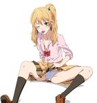  aihara_yuzu blonde_hair blush bow bowtie citrus_(saburouta) clothes_around_waist condom condom_in_mouth earrings green_eyes gyaru hair_ornament jewelry kneehighs kogal loafers loose_bowtie mouth_hold one_eye_closed panties ribonzu school_uniform shoes simple_background sitting solo star star_hair_ornament sweater_around_waist underwear white_background 