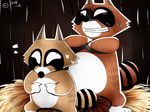  2012 angry araiguma bono_bono brown_fur duo fur male mammal papa_araiguma_(bonobono) procyonid raccoon worried 