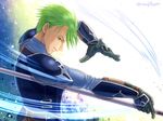  aran armor artist_name fire_emblem fire_emblem:_akatsuki_no_megami gloves green_eyes green_hair hanasaki_komugi male_focus polearm solo spear upper_body weapon 