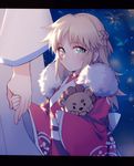  absurdres aerial_fireworks bangs blonde_hair blush braid character_request closed_mouth eyebrows_visible_through_hair fate/grand_order fate_(series) fireworks fur_collar green_eyes highres holding_hands japanese_clothes kimono letterboxed long_hair long_sleeves looking_at_viewer mordred_(fate) mordred_(fate)_(all) night night_sky obi object_hug outdoors pon_de_lion print_kimono red_kimono sash sky solo_focus wide_sleeves yorukun younger 