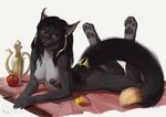  alsaresnolynx anthro apple black_hair breasts cat dipstick_tail ear_tuft feline female food fruit hair legs_up long_hair looking_at_viewer lying mammal multicolored_tail nipples nude on_front pawpads solo tuft whiskers yellow_eyes 