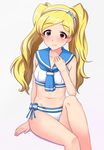  blonde_hair blush breasts closed_mouth emily_stewart hairband idolmaster idolmaster_million_live! long_hair looking_at_viewer momoda_yasuhito purple_eyes sailor_bikini sailor_collar sailor_swimsuit_(idolmaster) small_breasts smile solo swimsuit twintails 