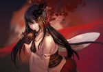 black_hair detached_sleeves fusou_(kantai_collection) hair_ornament kantai_collection long_hair mask mask_removed nontraditional_miko red_background red_eyes solo takeshima_satoshi 