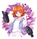  arm_cannon artist_name blue_jacket character_name fang flower gauntlets hair_tie hand_up highres jacket lavender lavender_(monet930) looking_at_viewer monet930 open_clothes open_jacket orange_hair original purple_eyes short_hair skirt upper_body weapon white_skirt zipper 