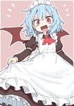  alternate_costume apron ascot bat_wings black_dress blue_hair brooch commentary_request dress enmaided jewelry long_sleeves looking_at_viewer maid maid_apron maid_headdress oninamako open_mouth red_eyes red_neckwear remilia_scarlet simple_background smile solo touhou wings 