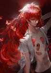  androgynous bug butterfly gem highres houseki_no_kuni insect long_hair open_clothes open_shirt padparadscha_(houseki_no_kuni) red_eyes red_hair shirt shycocoa solo very_long_hair wavy_hair 