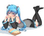  :o bag_of_chips bangs bare_shoulders baretto_(karasi07) black_legwear black_skirt blue_eyes blue_hair chips crossed_ankles detached_sleeves eating eyebrows_visible_through_hair food full_body grey_shirt hand_on_own_cheek hatsune_miku highres holding holding_food long_hair long_sleeves looking_at_viewer lying miniskirt no_shoes on_stomach open_mouth pleated_skirt round_teeth shiny shiny_hair shirt skirt solo tareme teeth thighhighs very_long_hair vocaloid zettai_ryouiki 