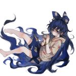  bare_legs barefoot blue_bow blue_eyes blue_hair blue_skirt bow bowl bracelet damaged drawstring full_body hair_bow heoningu holding hood hoodie jewelry long_hair looking_at_viewer miniskirt simple_background skirt solo touhou very_long_hair white_background yorigami_shion 