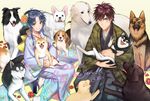  1girl beagle blue_eyes blue_hair border_collie borzoi brown_hair chidori_kaname chinese_zodiac cross_scar dog facial_scar flower full_metal_panic! german_shepherd grin hair_flower hair_ornament happy_new_year husky japanese_clothes jewelry kimono looking_at_viewer lorein new_year ring sagara_sousuke scar scar_on_cheek shiba_inu short_hair signature sitting smile spiked_hair year_of_the_dog yellow_eyes 