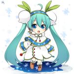  :d ahoge bangs blue_eyes blue_hair blush boots brown_footwear capelet chibi dress eyebrows_visible_through_hair full_body fur-trimmed_boots fur_collar fur_trim hair_between_eyes hair_ornament hairband hatsune_miku headset highres knee_boots leaf_hair_ornament long_hair long_sleeves looking_at_viewer md5_mismatch open_mouth signature sleeves_past_wrists smile snowflake_print solo standing sudachi_(calendar) tareme twintails very_long_hair vocaloid white_dress wide_sleeves yuki_miku 