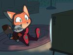  2018 animated anthro canine clothed clothing cub disney fox green_eyes guardians_of_the_galaxy inside male mammal marvel nick_wilde pajamas plushie rocket_raccoon signature sitting smile solo television tggeko young zootopia 