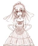  bare_shoulders bouquet bow delphinium_(flower_knight_girl) dress elbow_gloves flower flower_knight_girl gloves hair_ornament jewelry kida_kuro_mu looking_at_viewer monochrome necklace open_mouth short_hair simple_background smile solo wedding_dress white_background 