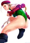  absurdres antenna_hair ass beret blue_eyes boots braid breasts cammy_white combat_boots elbow_gloves eyelashes fingerless_gloves forehead gloves green_leotard hat highleg highleg_leotard highres jumping leotard lips long_hair looking_at_viewer looking_back medium_breasts mugetsu2501 nose red_gloves scar socks solo street_fighter street_fighter_v thong_leotard twin_braids very_long_hair white_background 