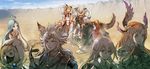  5girls amira_(shingeki_no_bahamut) animal_ears armor cape closed_eyes dark_skin desert djeeta_(granblue_fantasy) dog erune eustace-flamek eustace_(granblue_fantasy) granblue_fantasy hair_ornament hug long_hair lyria_(granblue_fantasy) mountain multiple_boys multiple_girls open_mouth seruel sky smile song_(granblue_fantasy) vajra_(granblue_fantasy) 