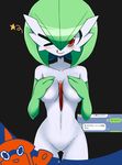  areola armwear black_background breasts clothing collarbone covering covering_breasts elbow_gloves featureless_crotch female gardevoir gloves green_hair hair licking licking_lips looking_at_viewer navel nei_chi nintendo one_eye_closed pok&eacute;mon pok&eacute;mon_(species) red_eyes rotom_dex short_hair simple_background smile solo standing star tongue tongue_out video_games wink 