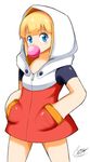  1girl android bangs blonde_hair blue_eyes blunt_bangs dress eyebrows hooded_dress no_humans robot rockman rockman_11 roll simple_background solo white_background zipper 