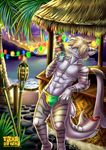  alcohol bar beach beverage blonde_hair bulge clothed clothing cocktail fin fish hair marine muscular palm_tree party relaxing retro sea seaside shark speedo summer sunset swimsuit tiki topless torch toxi_de_vyne_(artist) tree water 