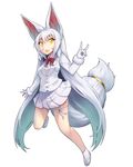  :d \m/ animal_ears arm_at_side bangs blush bow bowtie breasts collared_shirt eyebrows eyebrows_visible_through_hair eyelashes fox_ears fox_tail full_body fur_trim gloves hair_between_eyes highres jacket kemono_friends legs_apart long_hair long_sleeves looking_away looking_to_the_side medium_breasts miniskirt oinari-sama_(kemono_friends) open_mouth pleated_skirt red_bow red_neckwear ribbon sakuragi_rian shirt sidelocks simple_background skirt smile socks solo tabi tail tail_ring thigh_strap very_long_hair white_background white_bow white_gloves white_hair white_jacket white_legwear white_ribbon white_shirt white_skirt yellow_eyes 