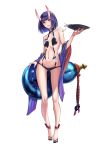  1girl alcohol bangs blue_hair blunt_bangs blush bob_cut breasts cup eyebrows eyebrows_visible_through_hair fate/grand_order fate_(series) gourd highres looking_at_viewer navel oni oni_horns open_mouth purple_eyes revealing_clothes sakazuki sake short_hair shuten_douji_(fate/grand_order) skindentation small_breasts solo white_background zemeth 