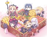  6+girls ;) abigail_williams_(fate/grand_order) ahoge armor artoria_pendragon_(all) bangs black_bow black_cape black_dress black_footwear black_hair black_hat black_ribbon blonde_hair blue_eyes blush bow cape chibi closed_mouth commentary dress eating ereshkigal_(fate/grand_order) eyebrows_visible_through_hair fate/grand_order fate_(series) floral_print food fur-trimmed_cape fur_trim gauntlets grey_eyes hair_between_eyes hair_bow hair_bun hair_ribbon hat headpiece holding horn in_food jeanne_d'arc_(alter)_(fate) jeanne_d'arc_(fate)_(all) juubako katsushika_hokusai_(fate/grand_order) lavinia_whateley_(fate/grand_order) long_hair long_sleeves minigirl multiple_girls no_nose obentou obi octopus one_eye_closed open_mouth orange_bow osechi pale_skin parted_bangs pink_eyes pink_footwear purple_bow purple_cape red_eyes ribbon rioshi saber_alter sash shrimp silver_hair sitting skull sleeves_past_fingers sleeves_past_wrists smile sparkle stuffed_animal stuffed_toy sweat teddy_bear tokitarou_(fate/grand_order) two_side_up v-shaped_eyebrows very_long_hair wavy_mouth white_hair wide-eyed yellow_eyes 