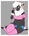  anthro black_fur bulge candlewind caprine chest_tuft clothed clothing crossdressing fur girly hair hooves horn legwear looking_at_viewer male mammal mane midriff navel panties sheep simple_background sitting smile solo suelix thigh_highs tuft underwear v_sign wool 