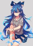  asuzemu bare_legs blue_bow blue_eyes blue_hair blue_skirt bow bowl bracelet drawstring grey_background hair_bow holding hood hoodie jewelry knee_up long_hair looking_at_viewer miniskirt simple_background sitting skirt solo touhou very_long_hair yorigami_shion 