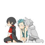  =3 animal_ears ankleband aqua_hair aqua_hoodie aqua_shorts bandaged_arm bandaged_leg bandages barefoot bird black_ankleband black_hair black_hoodie black_shorts blue_eyes blush chest_scar closed_eyes closed_mouth commentary_request eyebrows_visible_through_hair facial_mark gills grey_hoodie grey_shorts hood hood_down hoodie male_focus multiple_boys no_wings original pointy_ears red_eyes red_shirt scar seiza shark shirt short_sleeves shorts silver_hair sitting sleeveless sleeveless_hoodie slit_pupils staring swallow sweat sweatshirt tail touyama_(t3yama2) wolf wolf_ears wolf_tail 