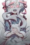  apron bow dress hair_bow hands_clasped highres interlocked_fingers kagerou_project kozakura_marry open_mouth own_hands_together pink_eyes red_ribbon ribbon shizu_(9394marimo) short_hair_with_long_locks solo white_hair 