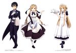  2girls absurdres apron artist_name asai_seiko asuna_(sao) black_eyes black_footwear black_hair black_legwear black_neckwear black_pants black_ribbon black_skirt blonde_hair brown_eyes butler character_name copyright_name frilled_apron frilled_skirt frills highres kirito leg_up long_hair long_skirt looking_at_viewer maid maid_headdress multiple_girls neck_ribbon necktie pants ribbon shirt short_sleeves simple_background skirt smile standing standing_on_one_leg sword_art_online twintails very_long_hair white_apron white_background white_legwear white_shirt yokota_masafumi 