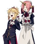  apron blonde_hair butler closed_eyes cup drinking_glass fate/apocrypha fate/grand_order fate_(series) frankenstein's_monster_(fate) gloves hand_in_pocket heroic_spirit_formal_dress highres holding holding_tray horn juliet_sleeves long_sleeves maid mordred_(fate) mordred_(fate)_(all) multiple_girls open_mouth pink_hair puffy_sleeves short_hair tray uotsu_(sabakou) white_background white_gloves wine_glass 