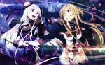  2girls bow braids brown_eyes brown_hair dress gloves long_hair microphone red_eyes ribbons scan shigemura_yuuna sword_art_online white_hair yano_akane yuuki_asuna 