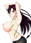  armpits black_legwear blush braid breasts chinese_clothes earrings flower from_side hair_flower hair_ornament hairband highres jewelry kanakura_yui large_breasts long_hair looking_at_viewer nipples nisekoi open_clothes open_shirt pantyhose parted_lips puffy_nipples purple_hair red_hairband shirt sleeveless sleeveless_shirt solo very_long_hair white_flower xtermination 