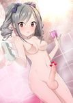  1girl anus areolae bathroom blush breasts censored drill_hair erection futanari grey_hair heart heart_censor holding holding_condom idolmaster idolmaster_cinderella_girls indoors kanzaki_ranko lens_flare liza long_hair medium_breasts navel nipples nude open_mouth penis pointless_censoring red_eyes soap solo sparkle sponge standing testicles tsurime twintails 