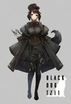  animal_ears apt bangs black_hair boots bow bowtie breasts corset dog_ears dog_girl dog_tail full_body fur_trim grey_background hat large_breasts looking_at_viewer original red_eyes short_hair simple_background skirt smile solo tail thigh_boots thighhighs turtleneck winter_clothes 