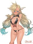  almeida_(granblue_fantasy) artist_name asymmetrical_bangs bangs bikini black_bikini blonde_hair blue_eyes blue_hair blush breast_squeeze breasts cleavage commentary_request contrapposto cowboy_shot draph earrings eyebrows_visible_through_hair feet_out_of_frame fidgeting fingers_together gradient_hair granblue_fantasy horns jewelry large_breasts long_hair looking_away low-tied_long_hair multicolored_hair nervous obui pointy_ears sideways_glance simple_background solo standing swimsuit v_arms very_long_hair white_background 