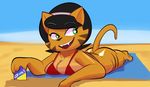  2018 4_fingers anthro beach bikini black_hair bottomless breasts brown_fur cat cleavage clothed clothing digital_media_(artwork) fangs feline female fur gabbah green_eyes hair looking_aside lying mammal mature_female mother mrs._katswell nickelodeon on_front open_mouth parent seaside short_hair smile solo striped_fur stripes sunbath swimsuit t.u.f.f._puppy 