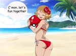  10s ball beach beachball bikini dialogue eyes_closed ocean open_mouth palm_tree pokemon pokemon_(anime) pokemon_(game) pokemon_xy red_bikini sand serena_(pokemon) short_hair smile summer 