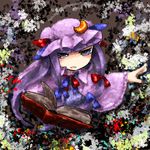 arm_up blue_bow blue_eyes book bow commentary_request crescent crescent_hair_ornament dress hair_bow hair_ornament hat long_hair mob_cap open_book patchouli_knowledge purple_hair purple_hat red_bow solo striped striped_dress touhou wide_sleeves yaise 