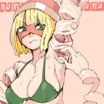  1girl arms_(game) artist_request blonde_hair breasts domino_mask female green_eyes large_breasts looking_at_viewer mask min_min_(arms) nintendo sexually_suggestive shiny shiny_skin short_hair sweat wet 