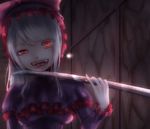  1girl asymmetrical_hair bonnet breasts dress fangs female frilled_dress frills gothic_lolita grin hair_ornament hair_ribbon headdress holding_weapon katana kgntk lolita_fashion long_hair looking_at_viewer nikuman_(kgntk) open_mouth overlord_(maruyama) pixiv_id_10143477 ponytail red_eyes ribbon shalltear_bloodfallen side_ponytail sidelocks smile solo sword tied_hair vampire weapon white_hair yandere 