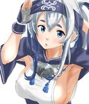  ainu_clothes armpits blue_eyes blue_hair breasts commentary_request hair_between_eyes headband highres kamoi_(kantai_collection) kantai_collection large_breasts long_hair looking_at_viewer multicolored_hair open_mouth sideboob sidelocks silver_hair simple_background solo tama_(seiga46239239) thick_eyebrows white_background wrist_guards 