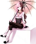  absurdres black_gloves boots breasts brown_eyes brown_hair cleavage commentary crossed_legs cube full_body gloves heterochromia high_heels highres holding holding_umbrella jewelry leotard_under_clothes long_hair long_sleeves looking_at_viewer medium_breasts multicolored_hair necklace neo_(rwby) pink_eyes pink_hair rwby sheya shirt simple_background sitting solo two-tone_hair umbrella white_background white_footwear white_shirt 