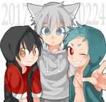  ;d animal_ears aqua_hair aqua_hoodie belt_buckle bird black_hair black_hoodie blue_eyes bright_pupils buckle chest_scar commentary_request dated drawstring eyebrows_visible_through_hair facial_mark gills grey_hoodie grey_shorts highres hood hood_up hoodie male_focus multiple_boys no_wings one_eye_closed open_mouth original pointy_ears reaching_out red_eyes red_shirt scar shark sharp_teeth shirt shorts silver_hair slit_pupils smile swallow sweatshirt teeth touyama_(t3yama2) white_pupils wolf wolf_ears wristband yellow_eyes 